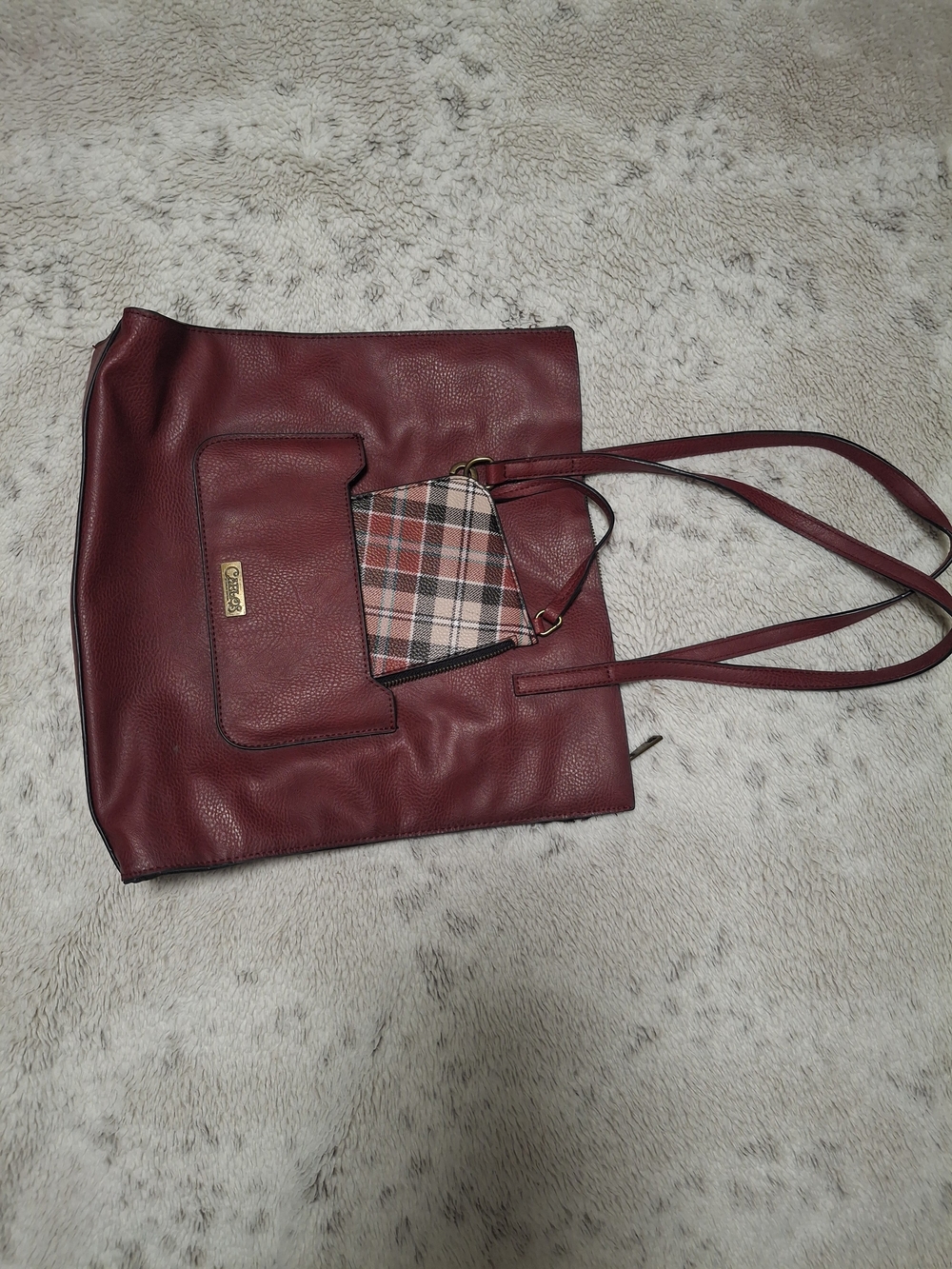 Carlos Wine Red Tote Bag with Plaid Pouch